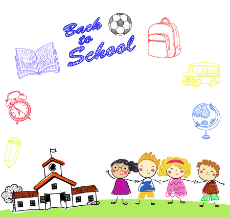 Happy children and schoolのイラスト素材