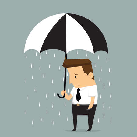 Unlucky businessman being wet from raining instead he holding umbrella, misfortune or in trouble concept.vectorのイラスト素材