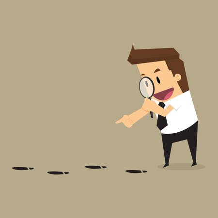 Businessman walking with magnifying glass, looking for foot mark
 track on the ground.vectorのイラスト素材