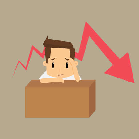 Business failure. Young worried businessman thinking about business graph with negative trend.vectorのイラスト素材