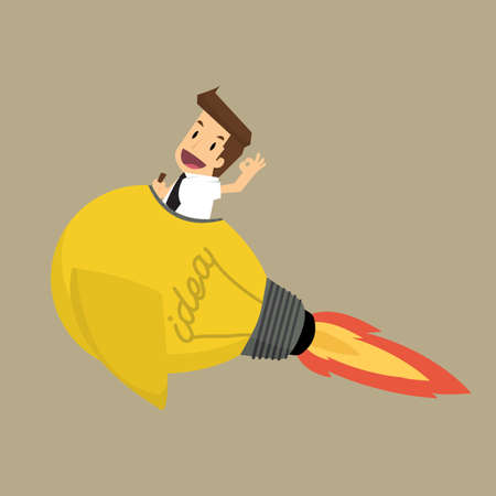 Businessman on a moving lightbulb idea rocket.vectorのイラスト素材