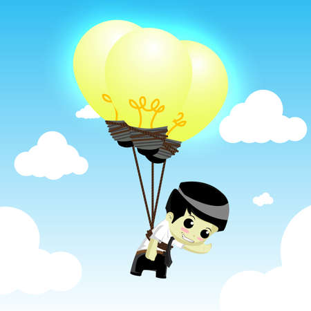 Businessman tied with bulbs ideas floating in the sky.vectorのイラスト素材