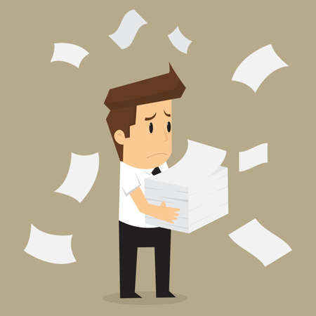 Businessman run holding a lot of documents in his hands. vectorのイラスト素材