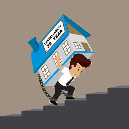 business man carrying a house up the stairs, persistent installment. vectorのイラスト素材