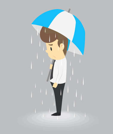 Unlucky businessman being wet from raining instead he holding umbrella, misfortune or in trouble concept. vectorのイラスト素材