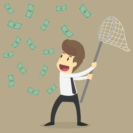 Businessman trying to catch flying money with a butterfly net.VECTORのイラスト素材