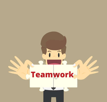 Businessman insert jigsaw pieces together ,Business cartoon teamwork concept character.Vector eps10 Illustrationのイラスト素材