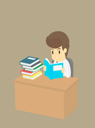 Businessman read a pile of book,business young cartoon happiness of success concept is man character.view emotions moving include icon of man-woman person.applied to infographic. Illustration Vectorのイラスト素材