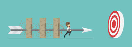 Businessman hold arrow breaking through obstacle Multi-layer wall towards greater goal.Business cartoon concept is man character.businessman emotions moving include of man.Illustration Vectorのイラスト素材