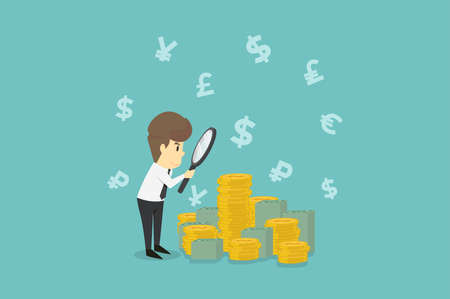 Businessman looking on dollar through magnifying glass.Business young cartoon happiness of success concept is man character.View businessman emotions moving include icon of man.Illustration Vectorのイラスト素材
