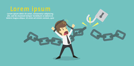 Businessman cut the chain and free himself from debt.Financial freedom .Business young cartoon of success concept is man character.businessman emotions moving include icon of man.Illustration Vectorのイラスト素材