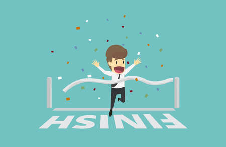 Businessman run cross the finish line.Business young cartoon happiness of success concept is man character.View businessman emotions moving include icon of man.Illustration Vectorのイラスト素材