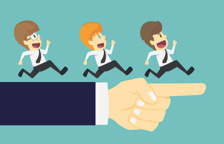 Businessman group running in the same direction with big hand pointing.Cartoon of business success is the concept of the man characters business,background, banner, infographics. illustration vectorのイラスト素材