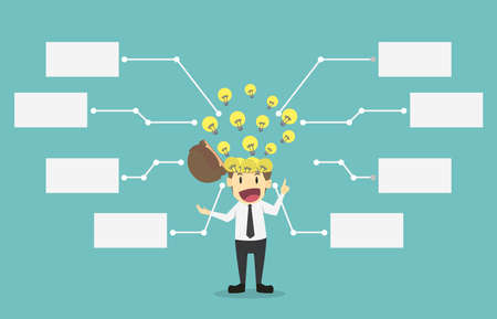 Businessman present idea Light bulb  information.Cartoon of business success is the concept of the man characters business, the mood of people,background, banner, infographics. illustration vectorのイラスト素材