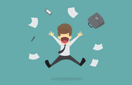 Businessman successful jumping for joy. Cartoon of business success is the concept of the man characters the mood of people, can be used as a background, infographic illustration vectorのイラスト素材