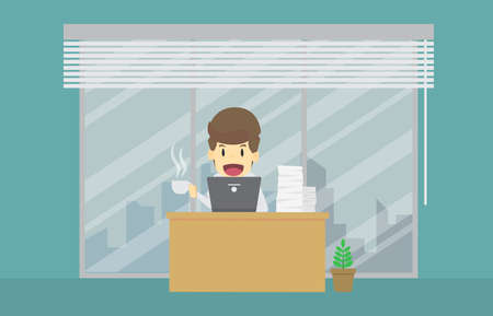 Businessman holding cup of coffee sitting on desk in office, smiling and cheerful.cartoon of business success is the concept of the man characters business,background, infographic. illustration vectorのイラスト素材