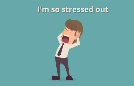 Businessman strain very headache on office table work hard, a cartoon illustration of business success  concept, can be used as background of infographic banner.のイラスト素材