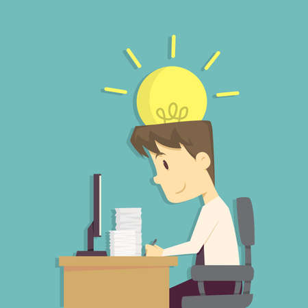 Businessman use brain and idea in his work.Cartoon of business success is the concept of the man characters business, the mood of people, can be used as a background, infographic. illustration vectorのイラスト素材