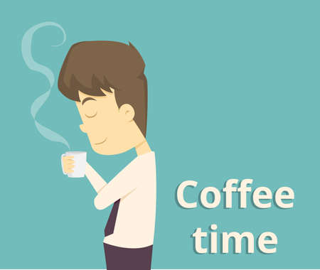 Businessman drinking coffee, tea break time in bright office.cartoon of business,employee success is the concept of the man characters business,can be used as a background, banner. illustration vectorのイラスト素材