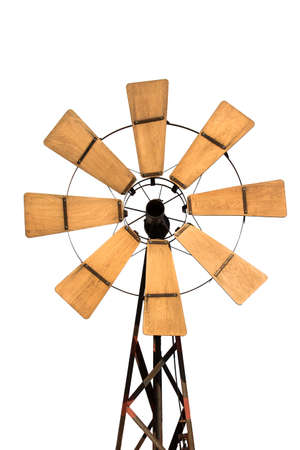 The wind turbine on the white blackground. The Blade made from a wood and the part of framing made from a steel.の写真素材