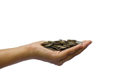 Hands and coins, isolated on white background Hands and coins, isolated on white background