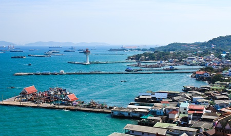 Aerial view of fisherman pier in with village and town at Srichang Island ,Chonburi ,Thailand.の写真素材