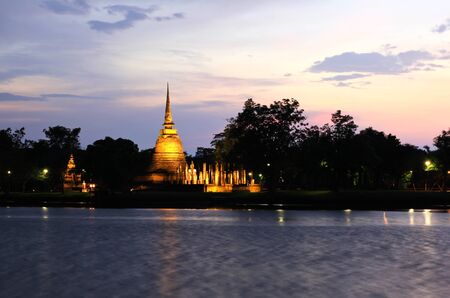Sukhothai historical park at twilight, the old town of Thailand in 800 year agoの写真素材