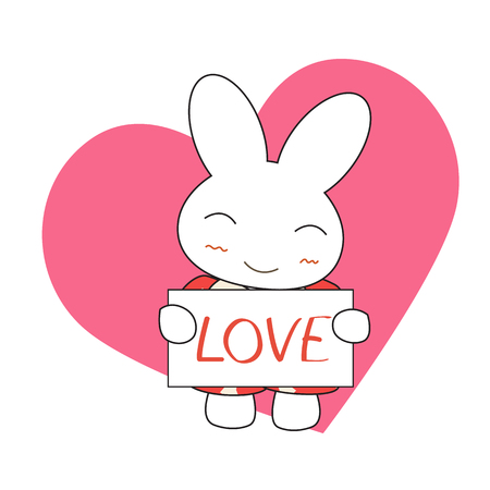 Cute cartoon bunny girl in a pretty pink dress with heart. Vector illustration.のイラスト素材