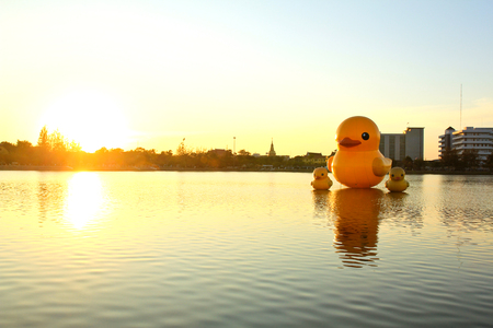 The yellow ducks is the most populars view for photos. The park of big provinces is famous at sunset,Udonthani ,Thailand.のeditorial素材