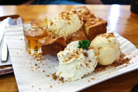 Toast Bread Pudding with ice creamの写真素材