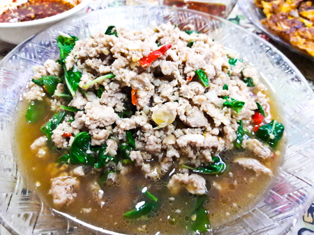 Pork fired with chilli and basil leavesの写真素材