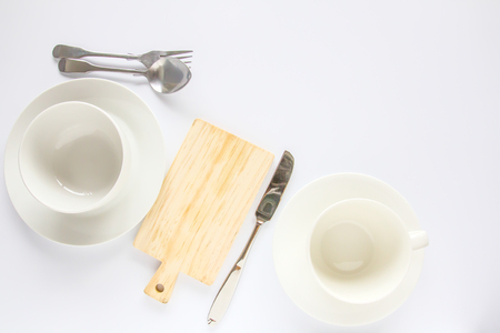 Design concept of mockup various kitchenware utensils set on white background.の写真素材