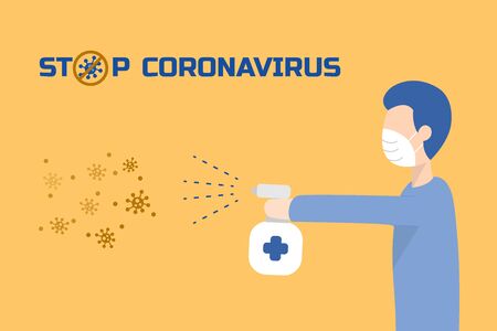 Man spray to kills viruses. Illustration about Coranavirus or Covid-19.のイラスト素材