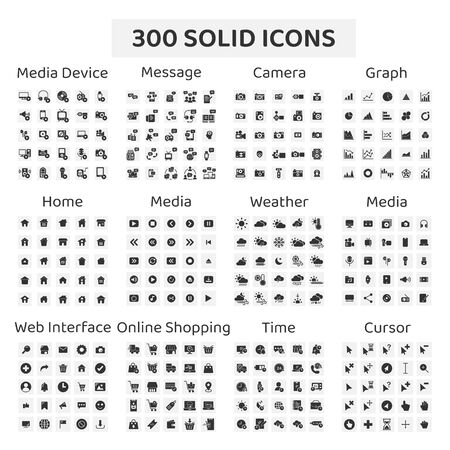 Set of 300 solid icons : media device ,message ,camera ,graph ,home ,media ,weather ,web interface ,online shopping ,time ,cursor.のイラスト素材