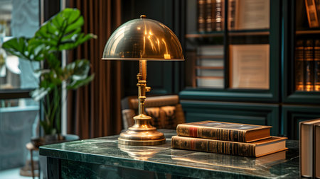 A warm and inviting study space featuring a polished brass lamp casting a soft glow on a stack of leather-bound books, set against a backdrop of rich, dark bookshelves.の素材