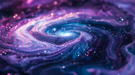 An enchanting cosmic swirl of purple and blue paint, sprinkled with glitters that mimic a distant starry galaxy, perfect for an artistic background.の素材