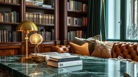 An opulent reading nook in a stately library, adorned with designer lamps and a stack of books on a green marble table, exuding comfort and sophistication.の素材