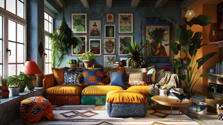 A vibrant bohemian living room filled with an array of eclectic art, lush indoor plants, and colorful patterned textiles.の素材