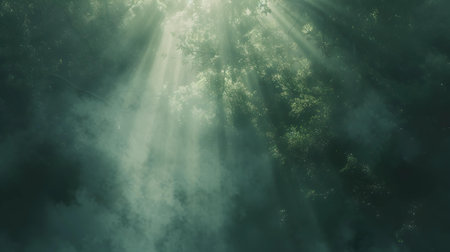 Shafts of sunlight break through the mist, casting a mystical light in the dense, green forest ambiance.の素材