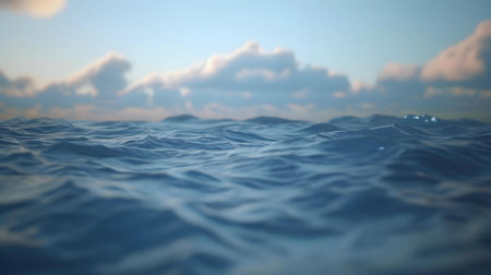 A close-up view of the calm ocean surface, with gentle waves and soft clouds above, evokes a serene atmosphere at dusk.の素材