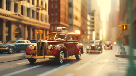 A classic vintage car adds a touch of elegance as it cruises down a city street bathed in the warm, golden glow of the sun.の素材