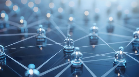 A high-tech image of a futuristic network grid with glowing connections symbolizing advanced communication and data technology.の素材