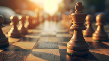The warm glow of the sunset casts a golden light on a wooden chessboard, emphasizing the king and its battalion of pawns in a game of strategy.の素材