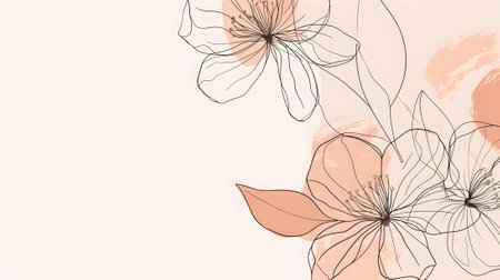 Artistic sketch of abstract flowers with delicate lines and soft peach tones, ideal for modern minimalist decor and backgrounds.の素材