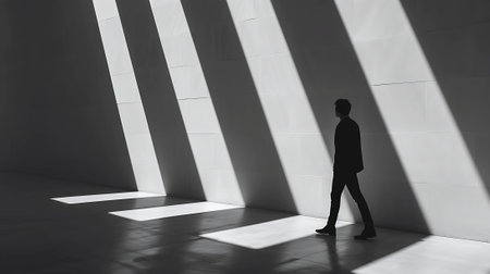 A monochrome image capturing the silhouette of a man walking through a hallway with striking light and shadow patterns.の素材