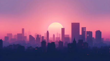 Digital illustration of an urban skyline at sunset, with building silhouettes set against a radiant pink and purple sky.の素材