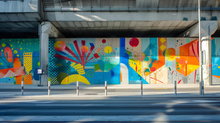 A large, colorful abstract mural under an overpass, featuring geometric and organic shapes, brings life to urban infrastructure.の素材
