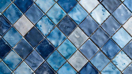 Diagonally arranged blue ceramic tiles with varying shades and grunge textures, suitable for modern design backgrounds.の素材