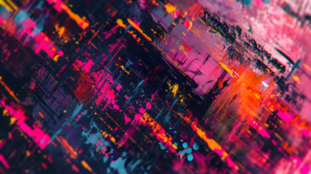 Abstract painting with neon colors and dynamic strokes evoking the energy of a bustling cityscape at night.の素材