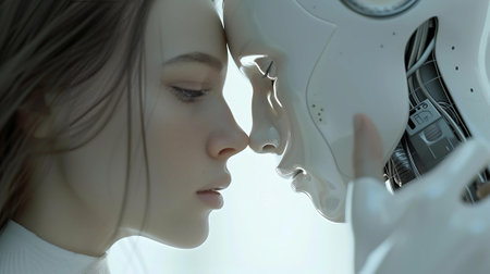 A tender and close moment shared between a woman and a robot, capturing the intersection of humanity and artificial intelligence in a serene setting.の素材